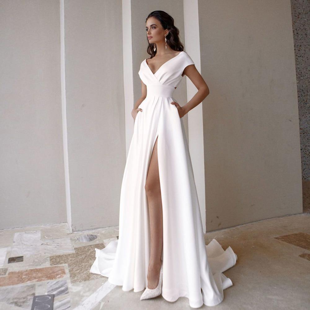 Women's Wedding Dress with V-Neck & Split | Maxi