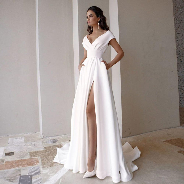 Women's Wedding Dress with V-Neck & Split | Maxi