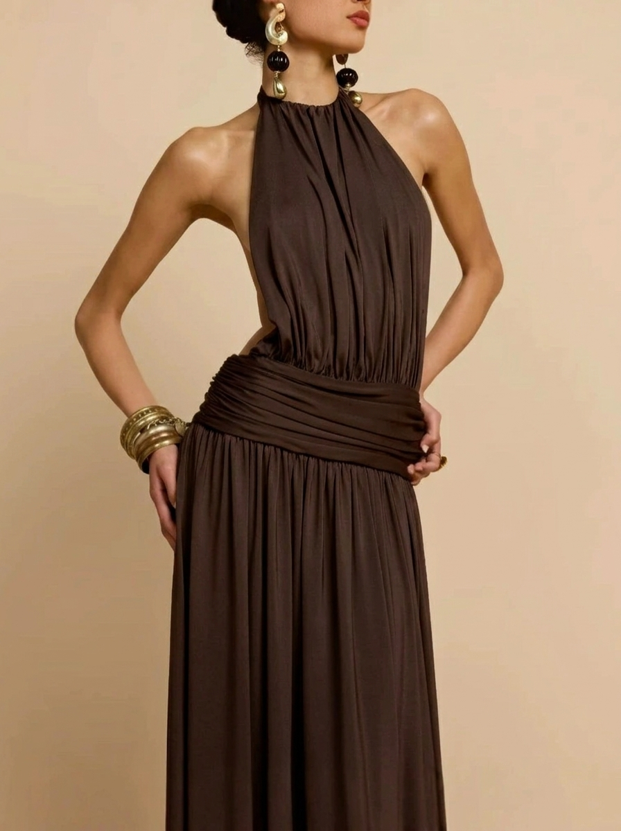 Women's Wedding Guest Dress with Halter Neck & Ruched Waist | Maxi