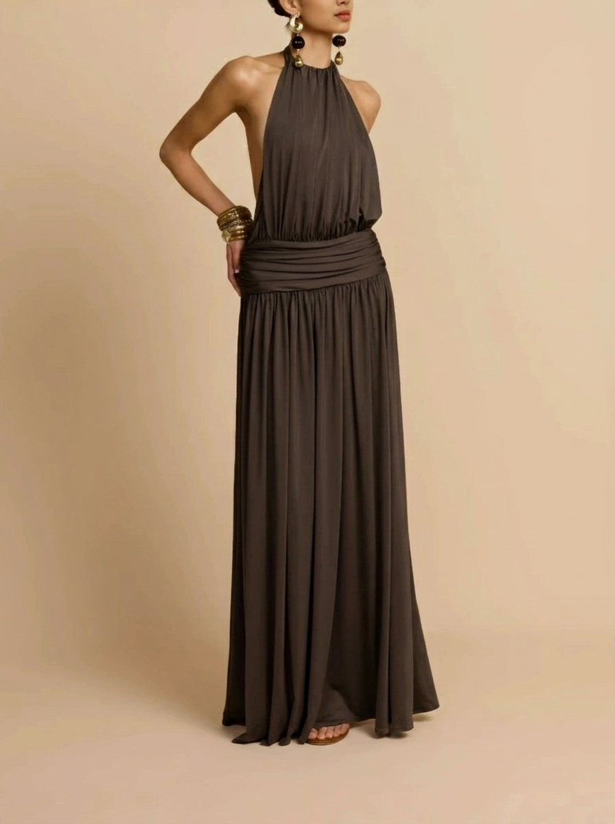 Women's Wedding Guest Dress with Halter Neck & Ruched Waist | Maxi