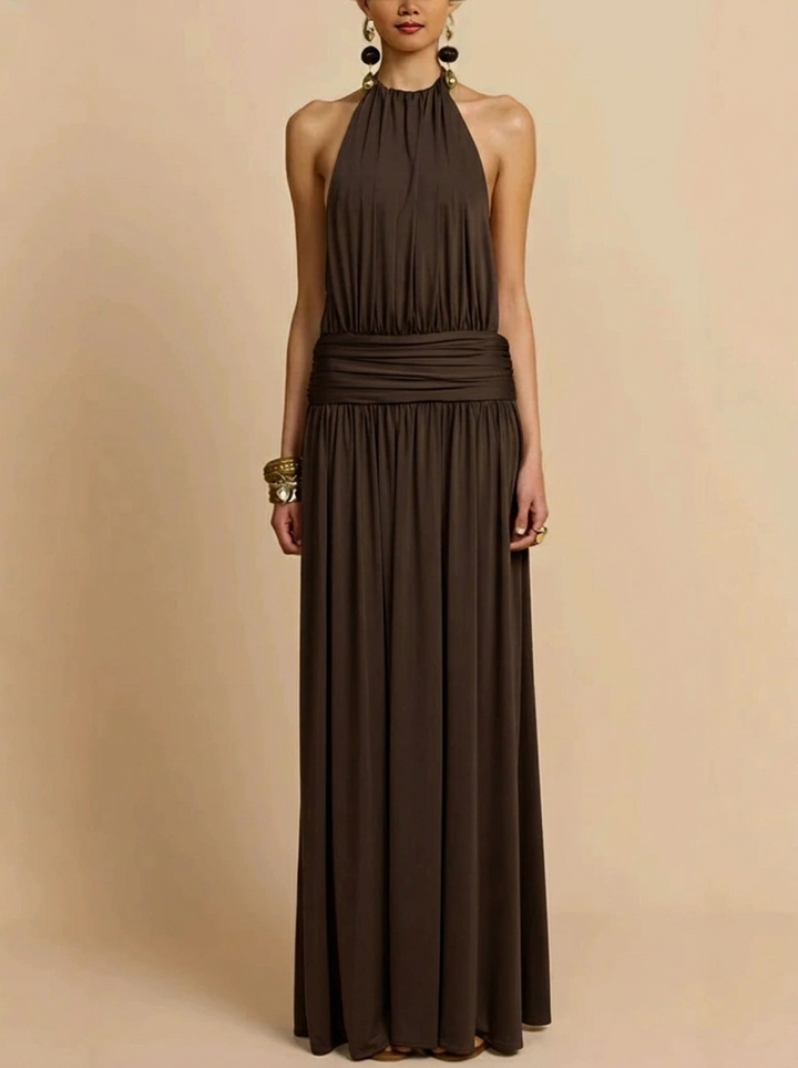 Women's Wedding Guest Dress with Halter Neck & Ruched Waist | Maxi