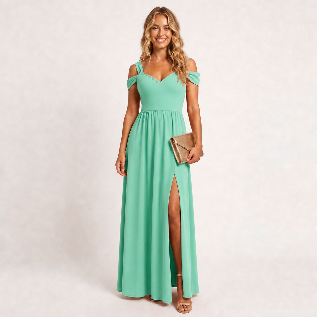 Women's Wedding Guest Dress with Split & V-Neck | Maxi