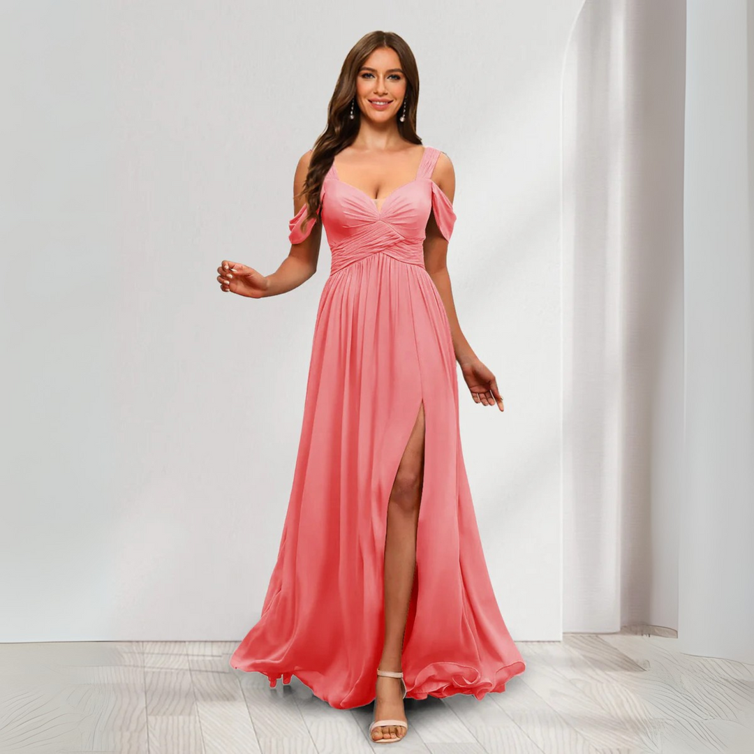 Women's Wedding Guest Dress with Split & V-Neck | Maxi