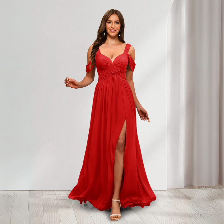 Women's Wedding Guest Dress with Split & V-Neck | Maxi