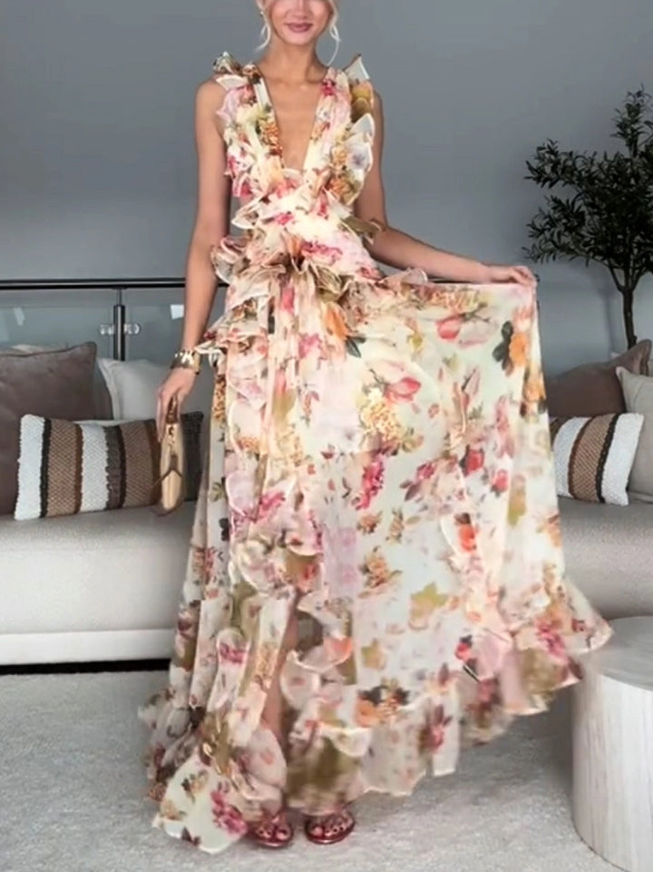 Women's Wedding Guest Dress with V-Neck & Ruffle | Floral