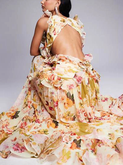 Women's Wedding Guest Dress with V-Neck & Ruffle | Floral