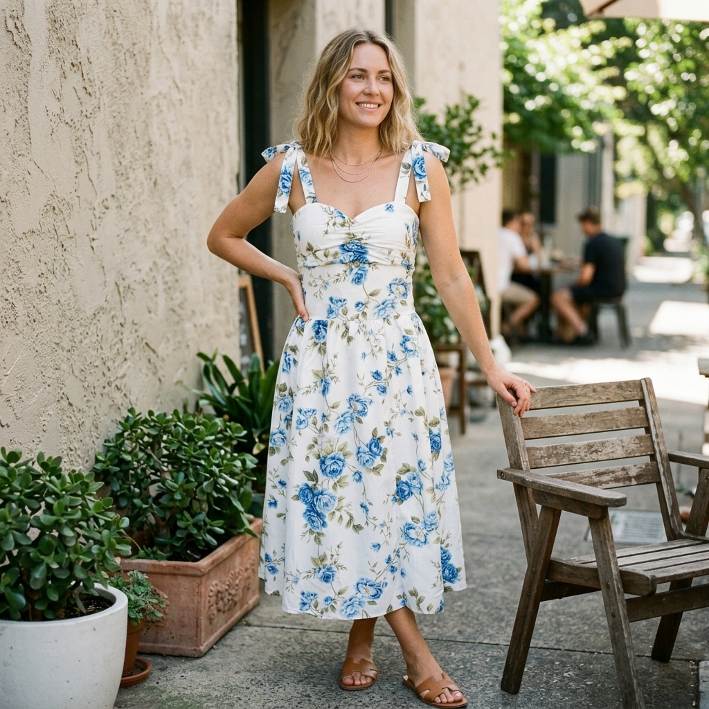 Women's White Dress Floral Print Sleeveless | Midi