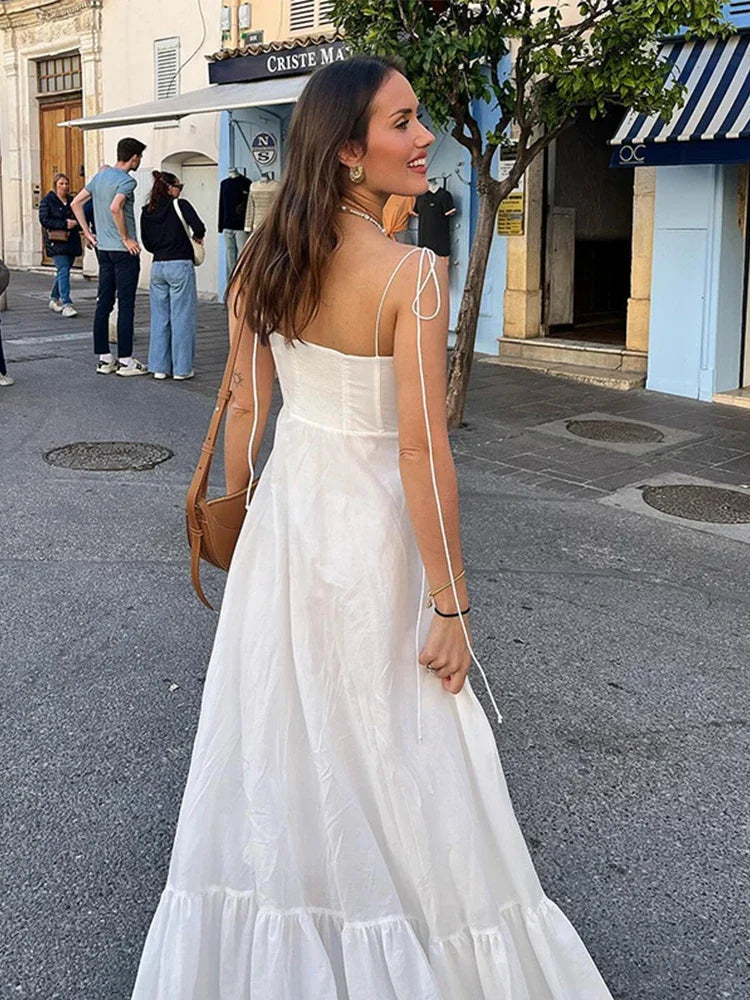 Women’s White Dress Maxi with Tie Straps & Tiered Hem | Casual