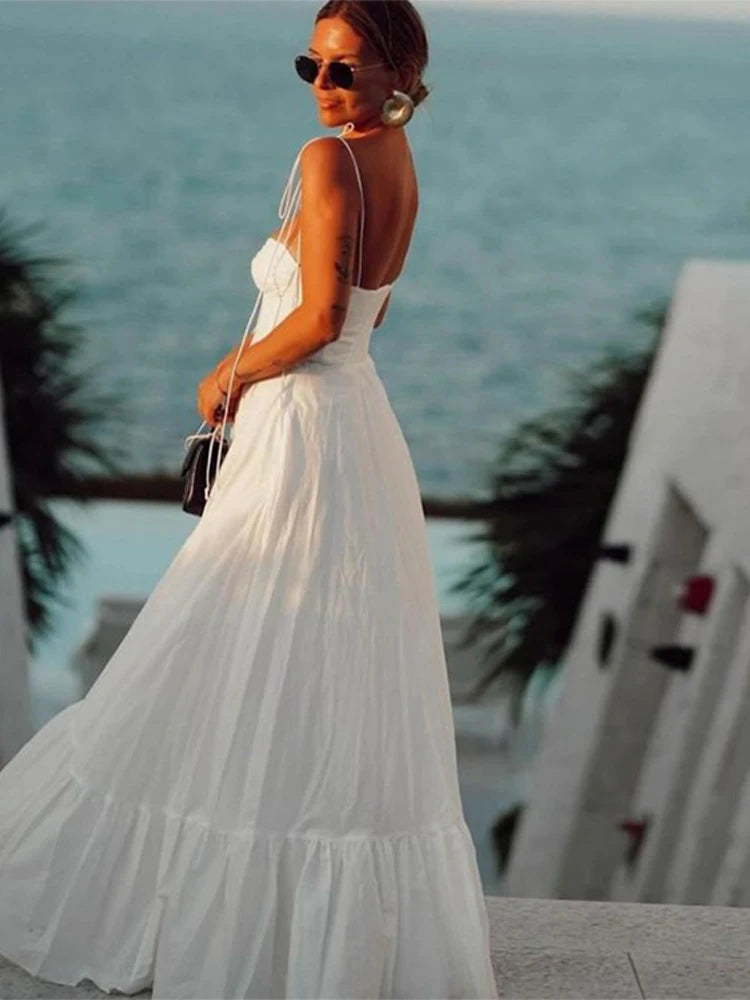 Women’s White Dress Maxi with Tie Straps & Tiered Hem | Casual