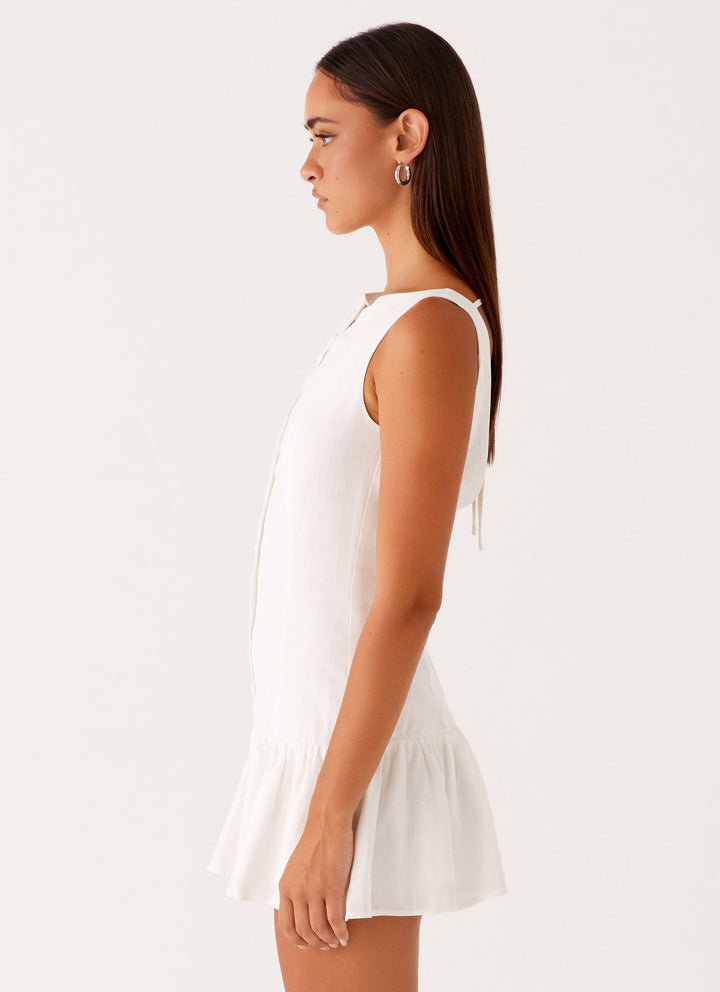 Women's White Dress with Button Front & Tie Back | Mini