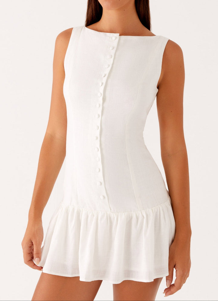 Women's White Dress with Button Front & Tie Back | Mini