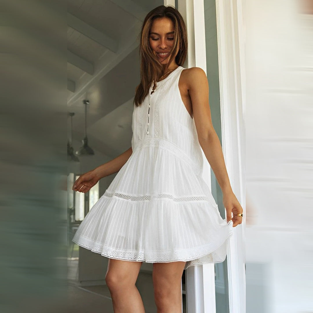 Women's White Dress with Button Placket & Eyelet | Boho Mini