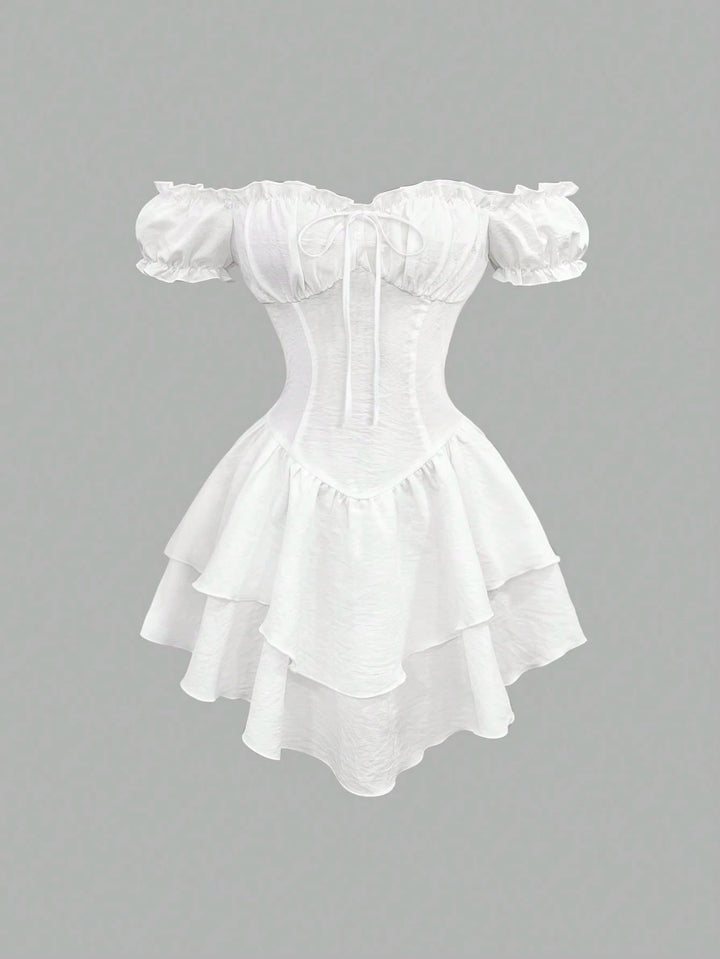Women's White Dress with Cold Shoulder | Tiered Mini