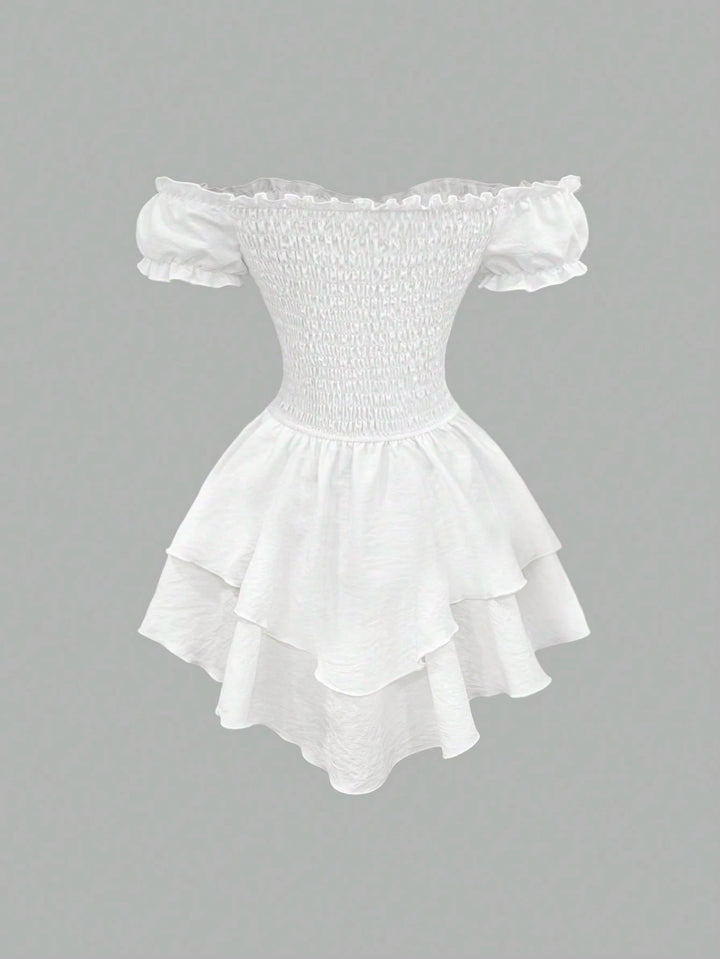 Women's White Dress with Cold Shoulder | Tiered Mini