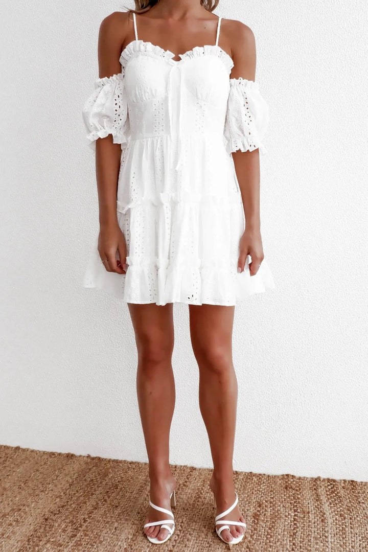 Women's White Dress with Cold Shoulder | Tiered Mini