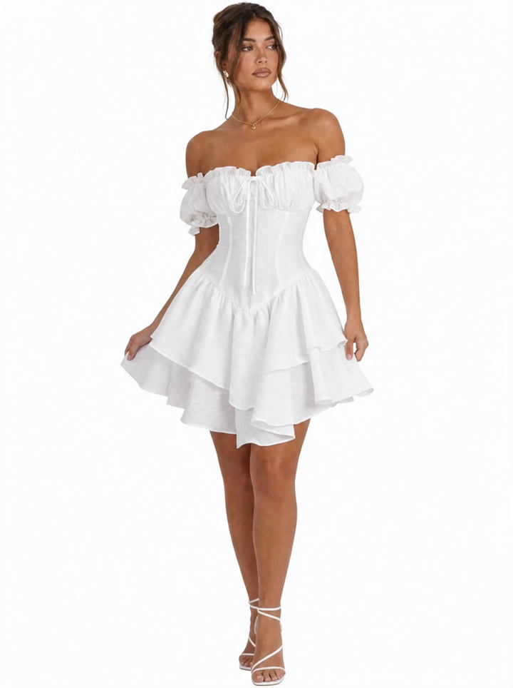 Women's White Dress with Cold Shoulder | Tiered Mini