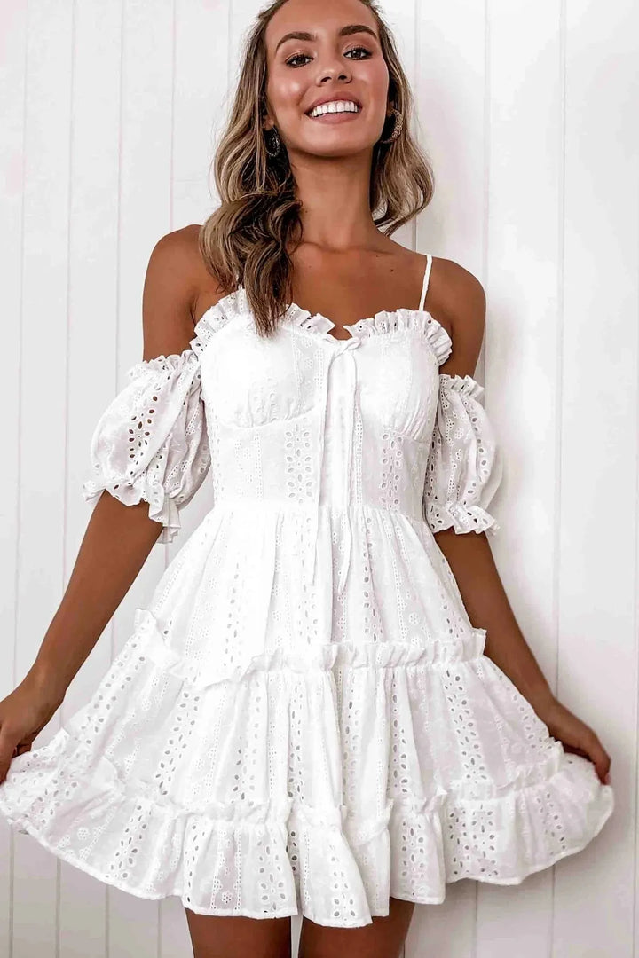 Women's White Dress with Cold Shoulder | Tiered Mini