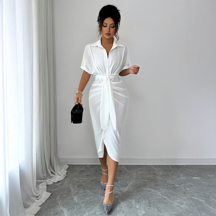 Women's White Dress with Collar | Wrap Tie Midi