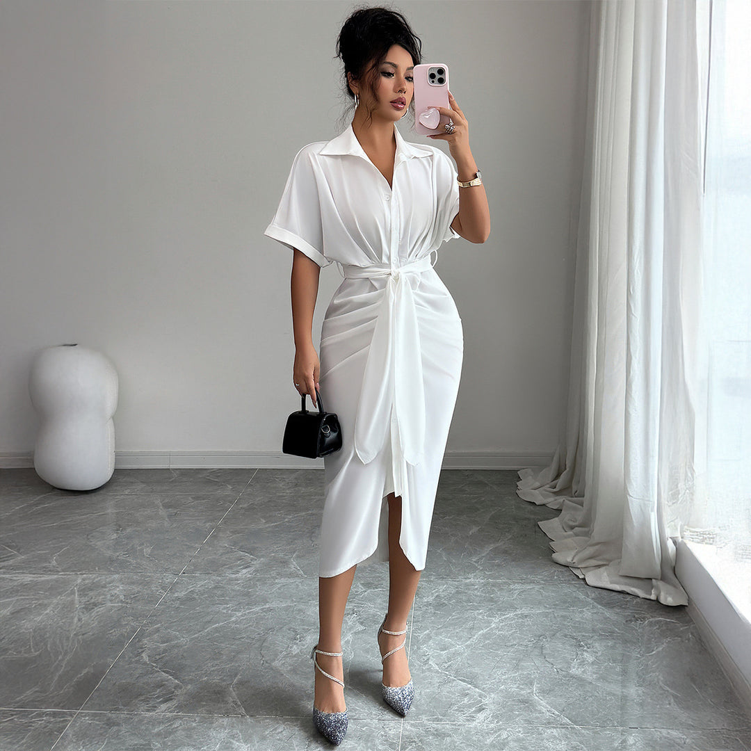 Women's White Dress with Collar | Wrap Tie Midi