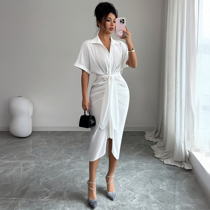 Women's White Dress with Collar | Wrap Tie Midi
