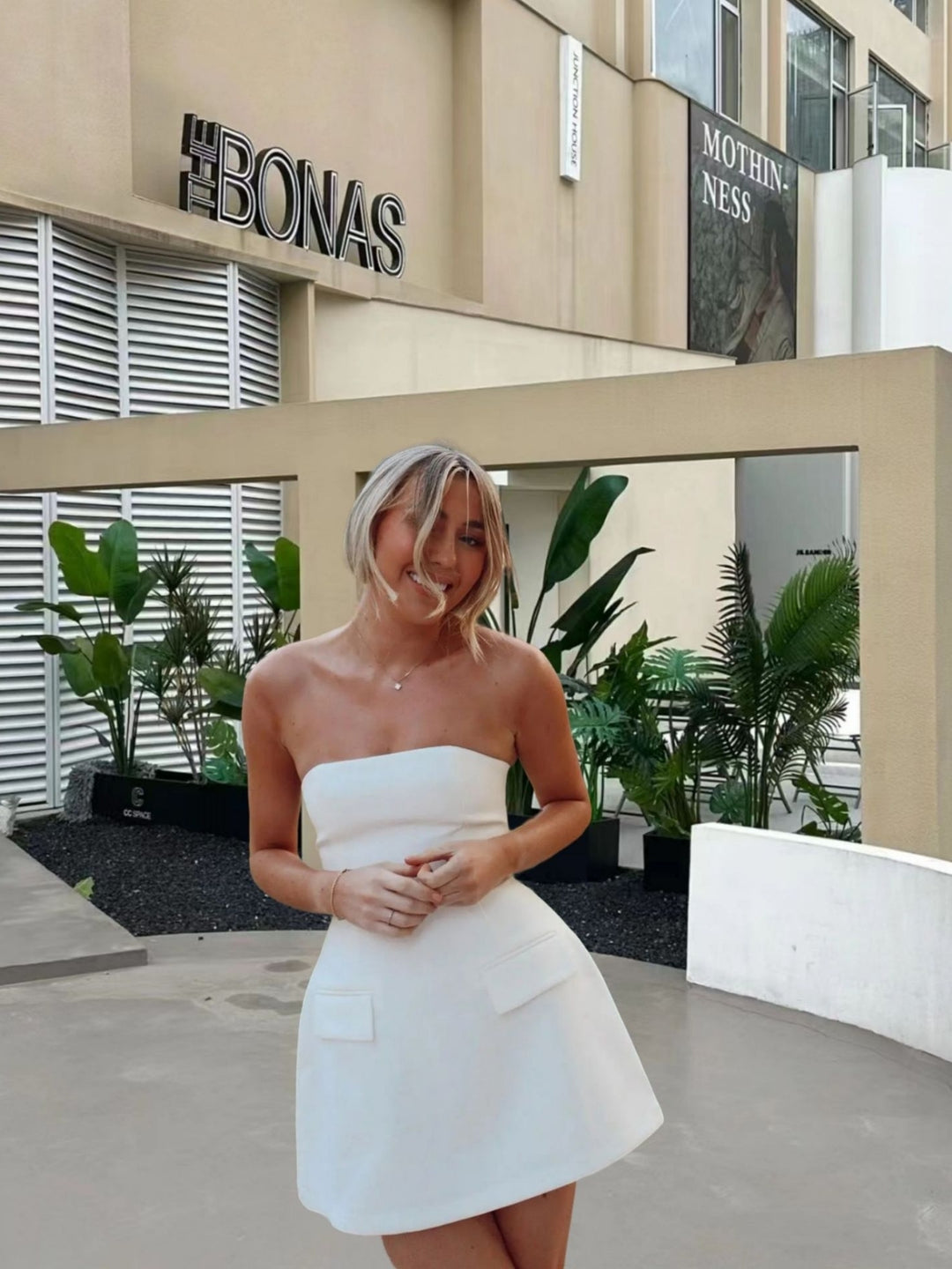 Women's White Dress with Front Pocket Flap| Strapless Mini