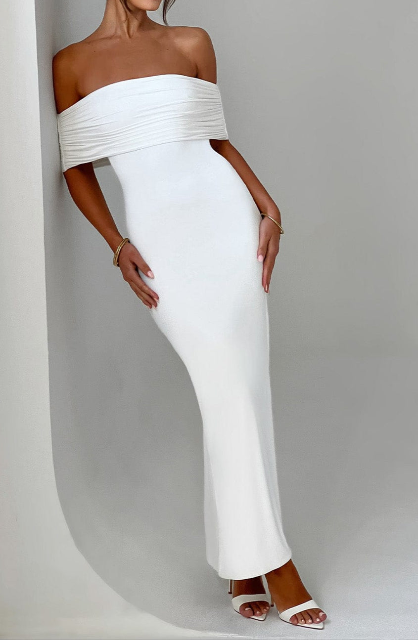 Women's White Dress with Off Shoulder & Open Back | Evening Maxi
