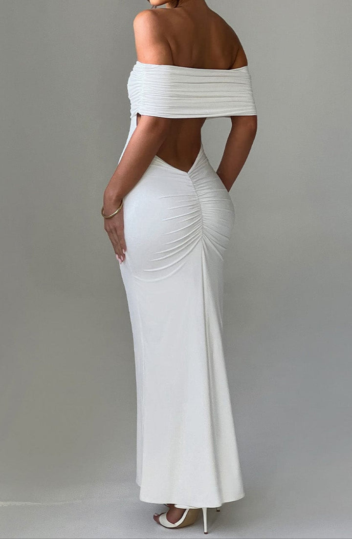 Women's White Dress with Off Shoulder & Open Back | Evening Maxi