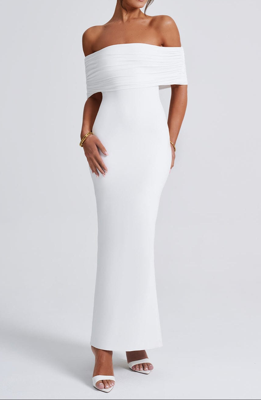 Women's White Dress with Off Shoulder & Open Back | Evening Maxi