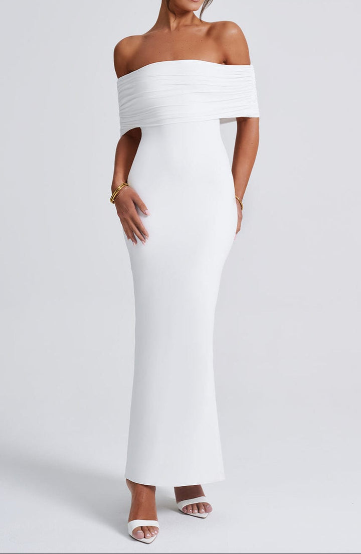 Women's White Dress with Off Shoulder & Open Back | Evening Maxi