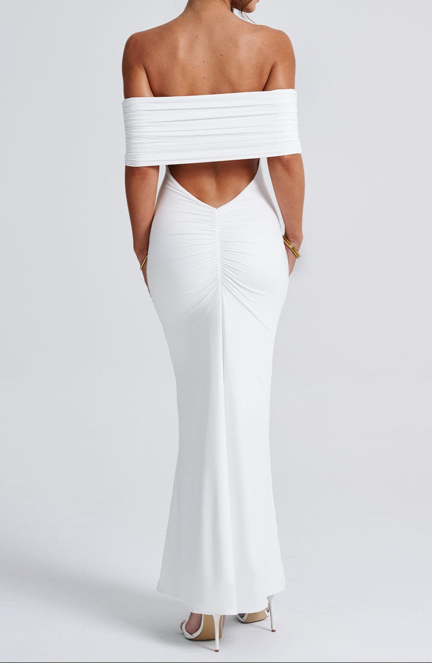 Women's White Dress with Off Shoulder & Open Back | Evening Maxi