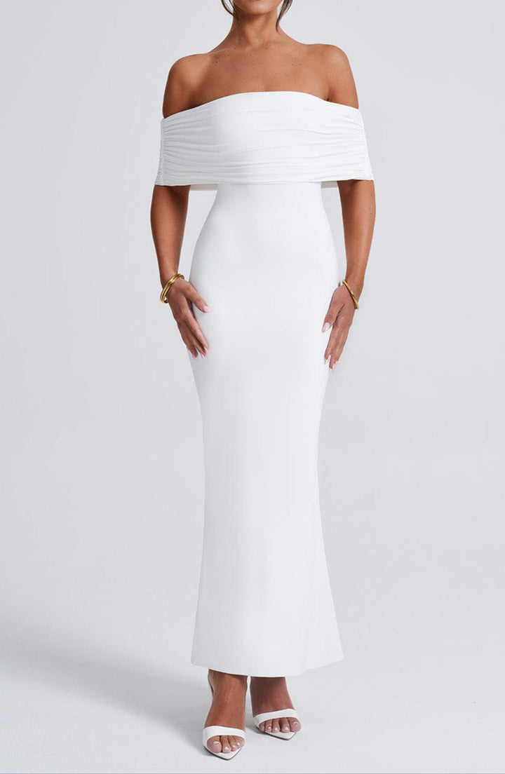 Women's White Dress with Off Shoulder & Open Back | Evening Maxi