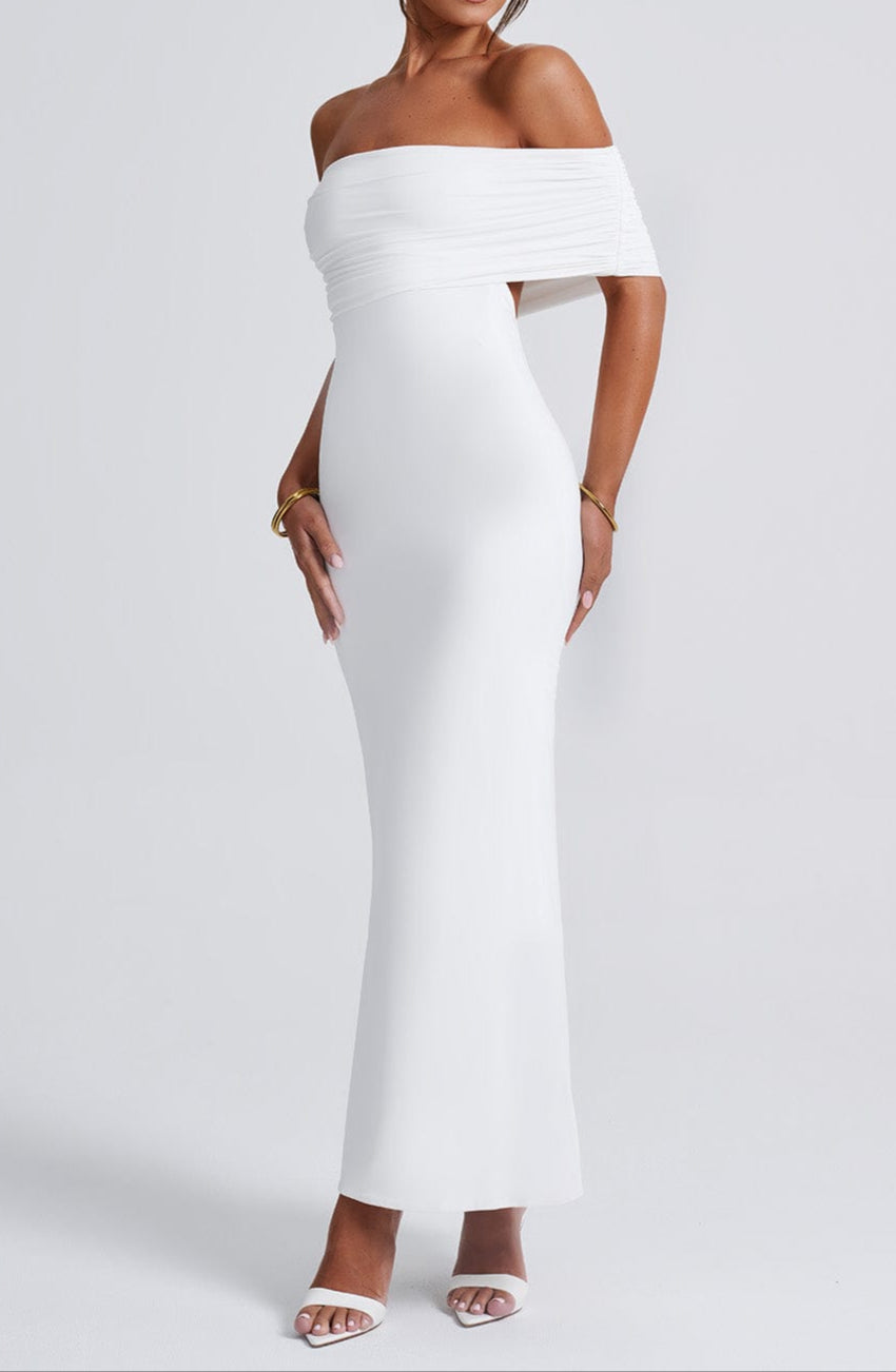 Women's White Dress with Off Shoulder & Open Back | Evening Maxi
