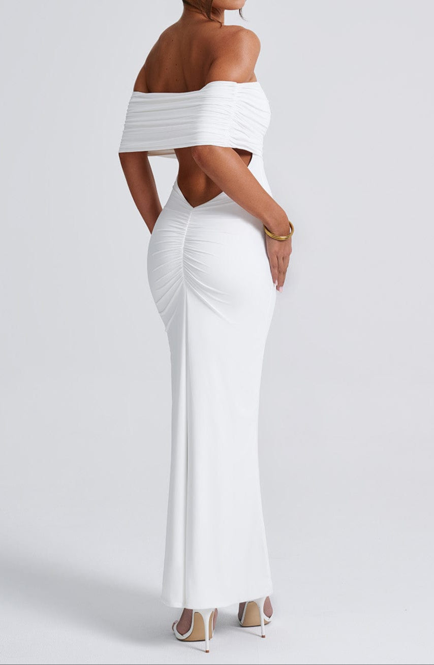 Women's White Dress with Off Shoulder & Open Back | Evening Maxi