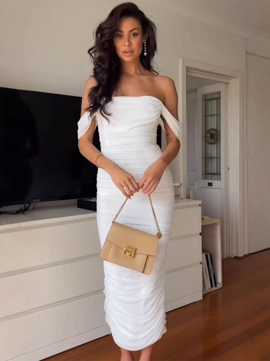 Women's White Dress with Off Shoulder | Ruched Midi
