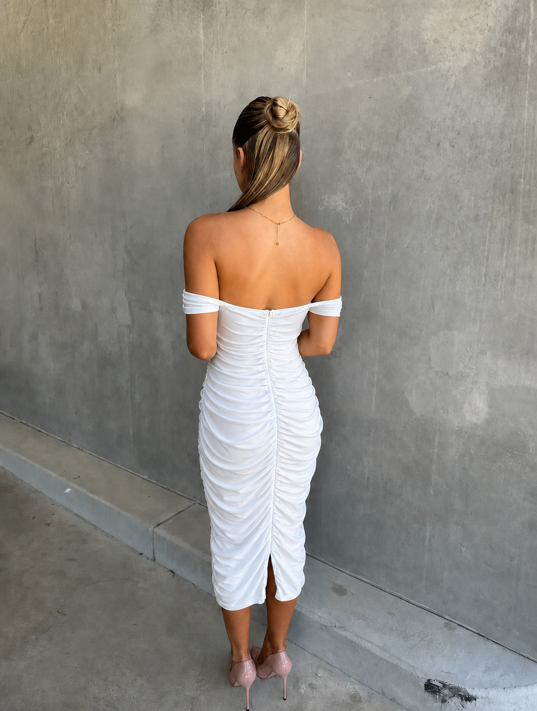 Women's White Dress with Off Shoulder | Ruched Midi