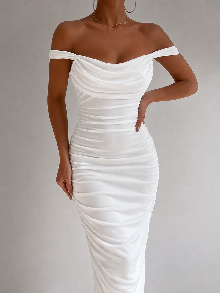Women's White Dress with Off Shoulder | Ruched Midi