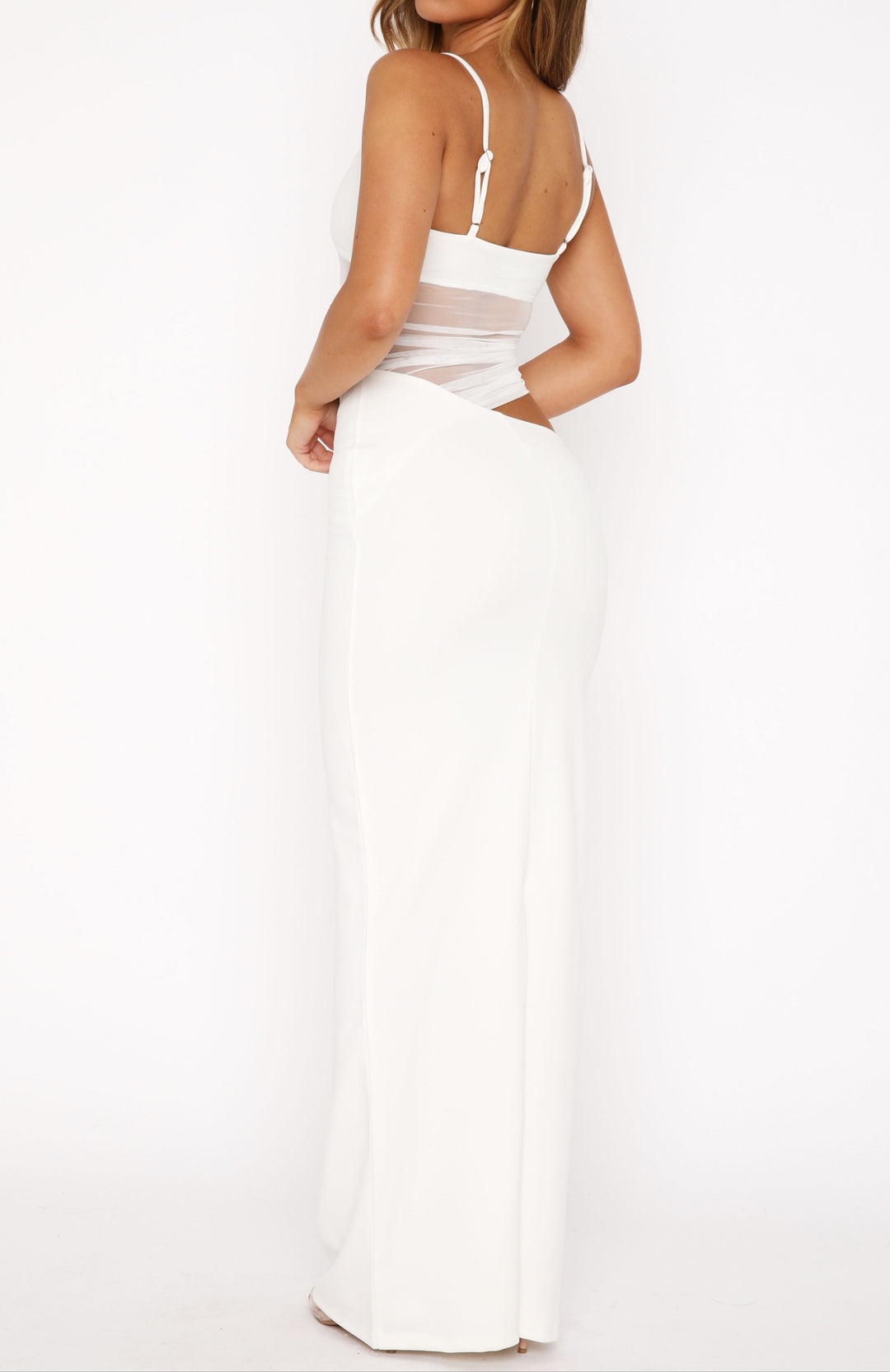 Women's White Dress with Sheer Cutout Waist | Maxi