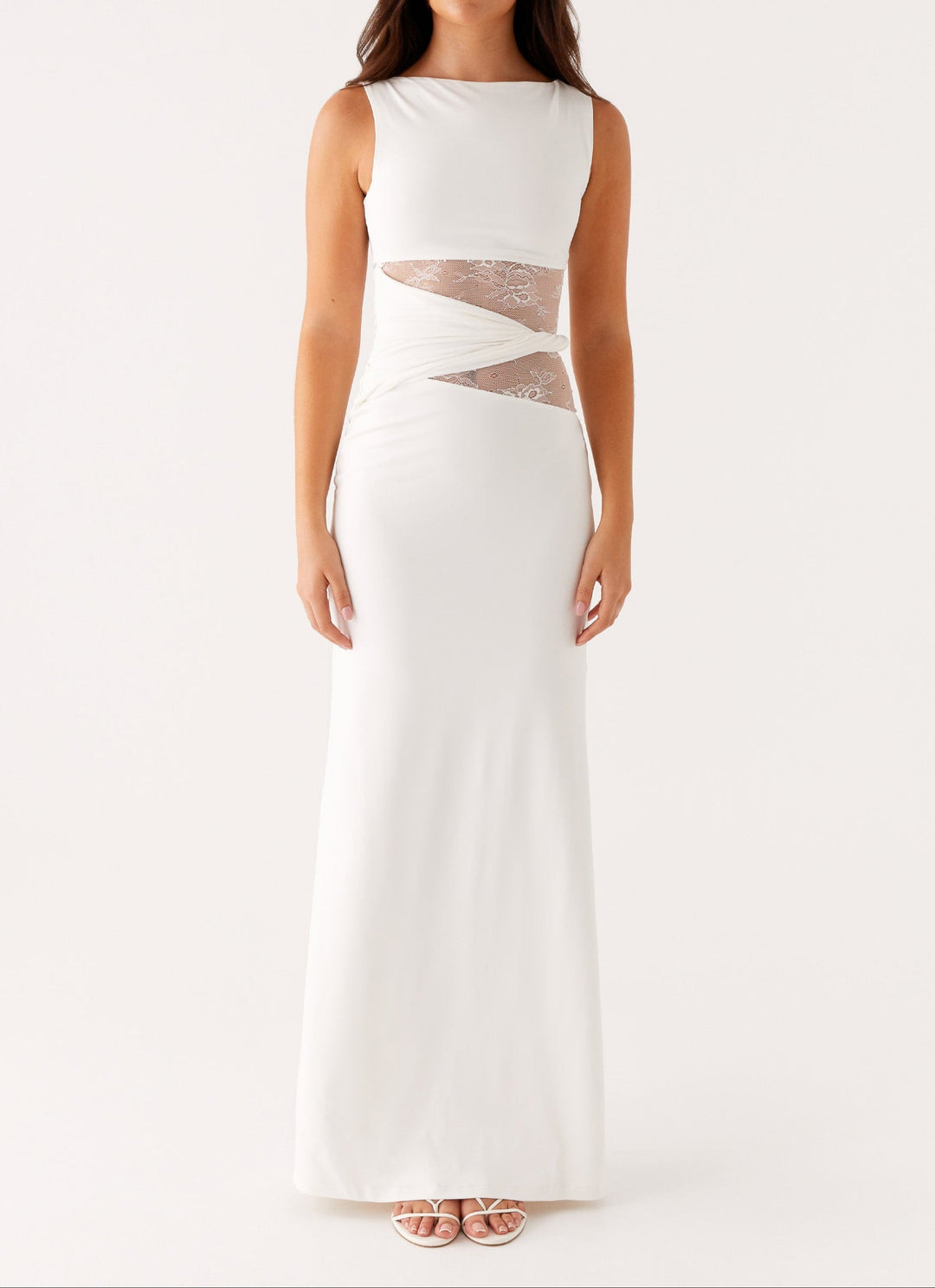Women's White Dress with Sheer Waist Panel | Wedding Maxi
