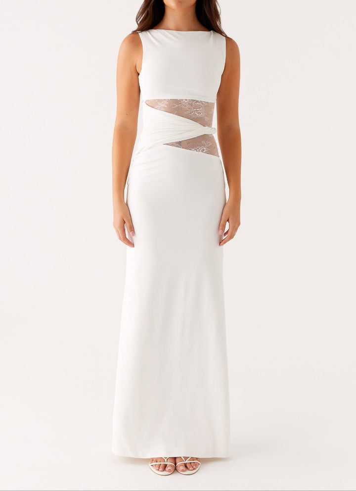 Women's White Dress with Sheer Waist Panel | Wedding Maxi