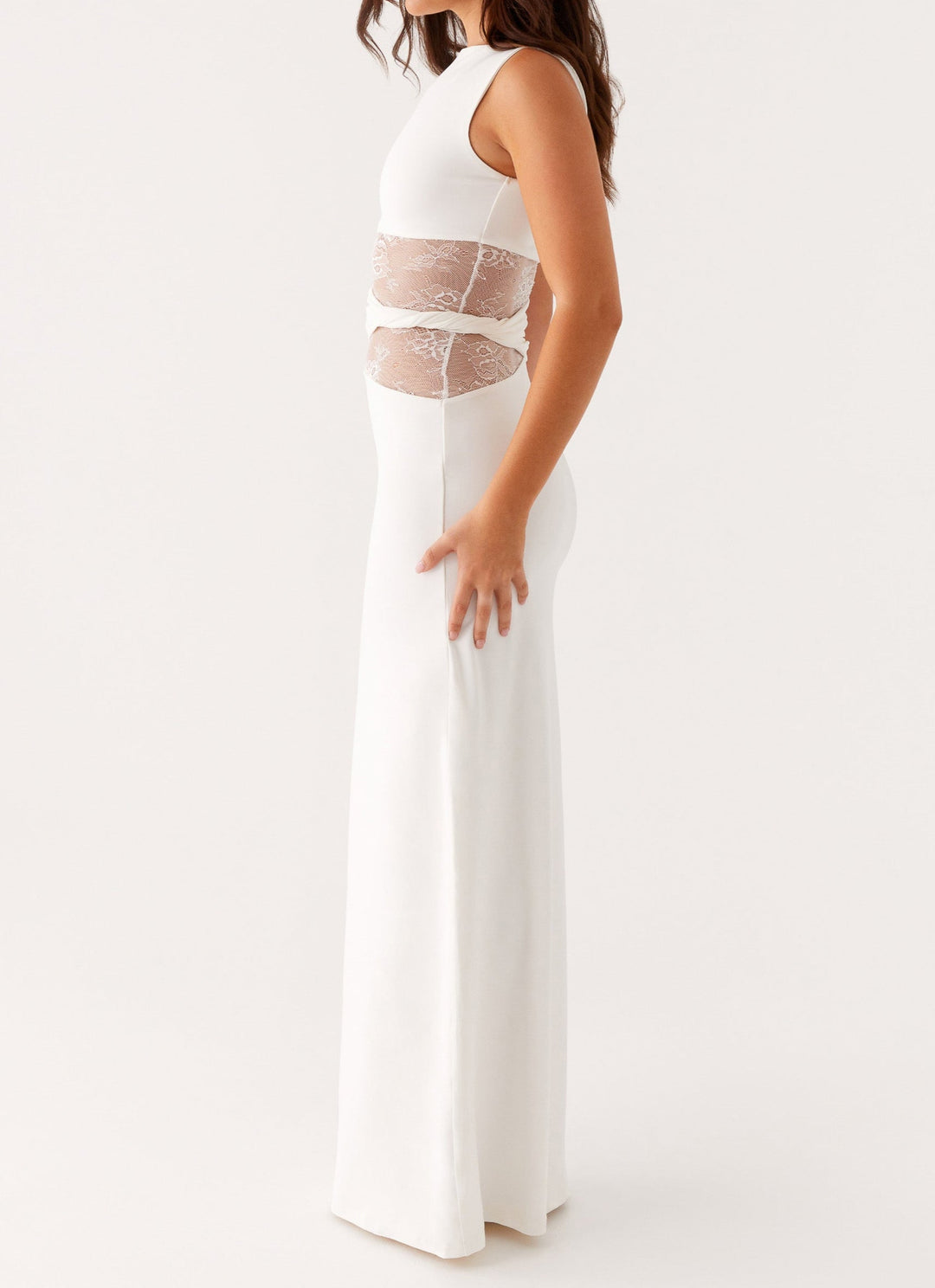 Women's White Dress with Sheer Waist Panel | Wedding Maxi