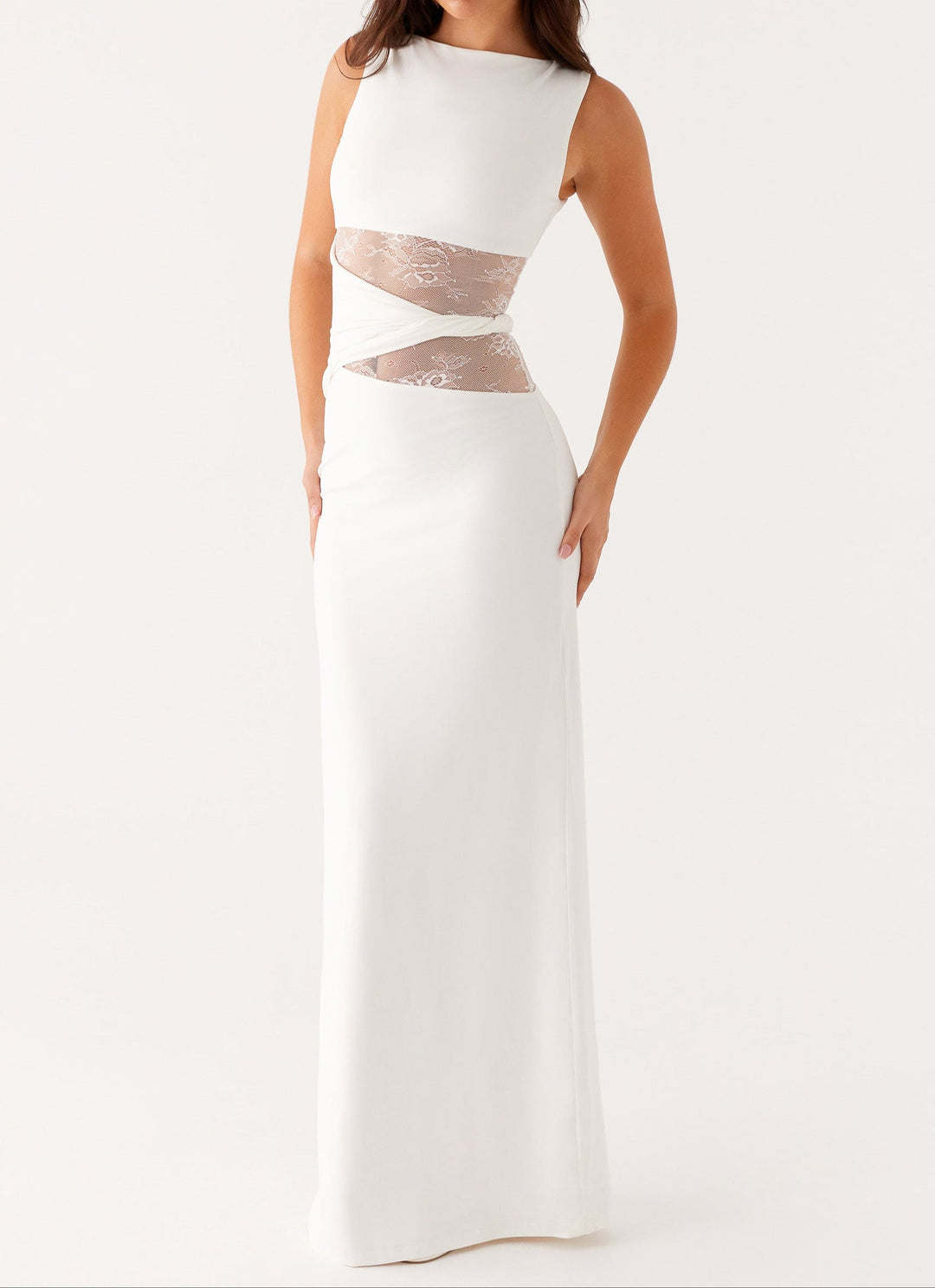 Women's White Dress with Sheer Waist Panel | Wedding Maxi