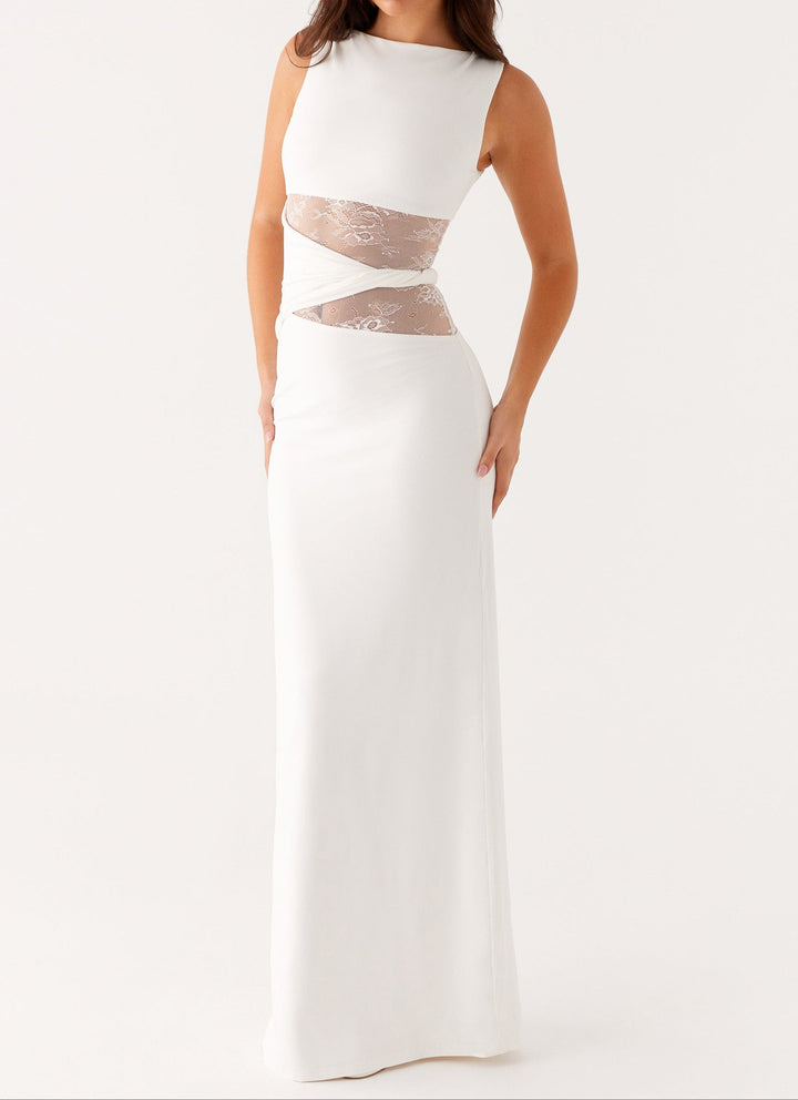 Women's White Dress with Sheer Waist Panel | Wedding Maxi