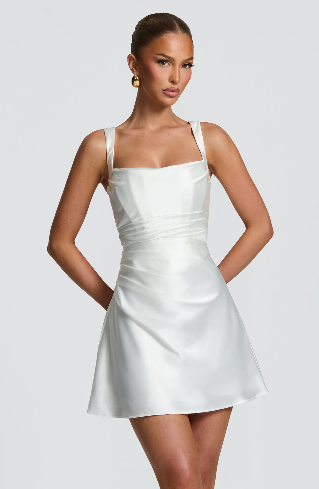 Women's White Dress with Square Neck | Ruched Mini