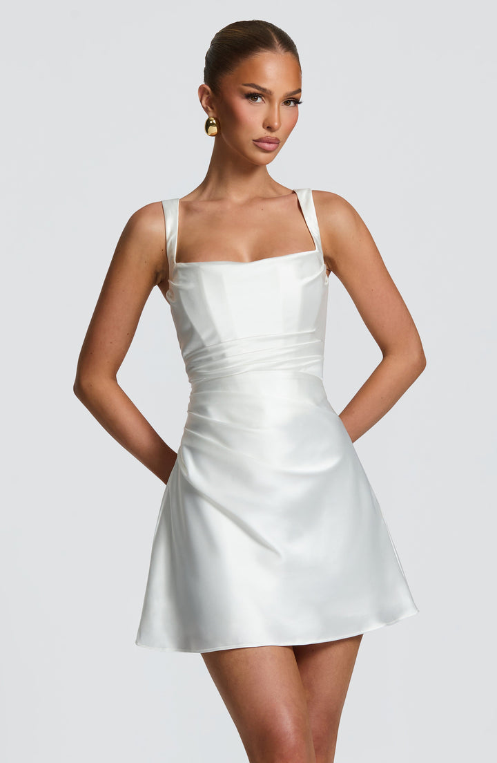 Women's White Dress with Square Neck | Ruched Mini