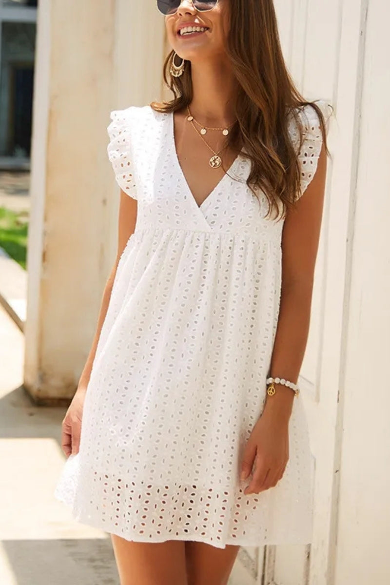 Women's White Dress with V-Neck & Eyelet | Mini