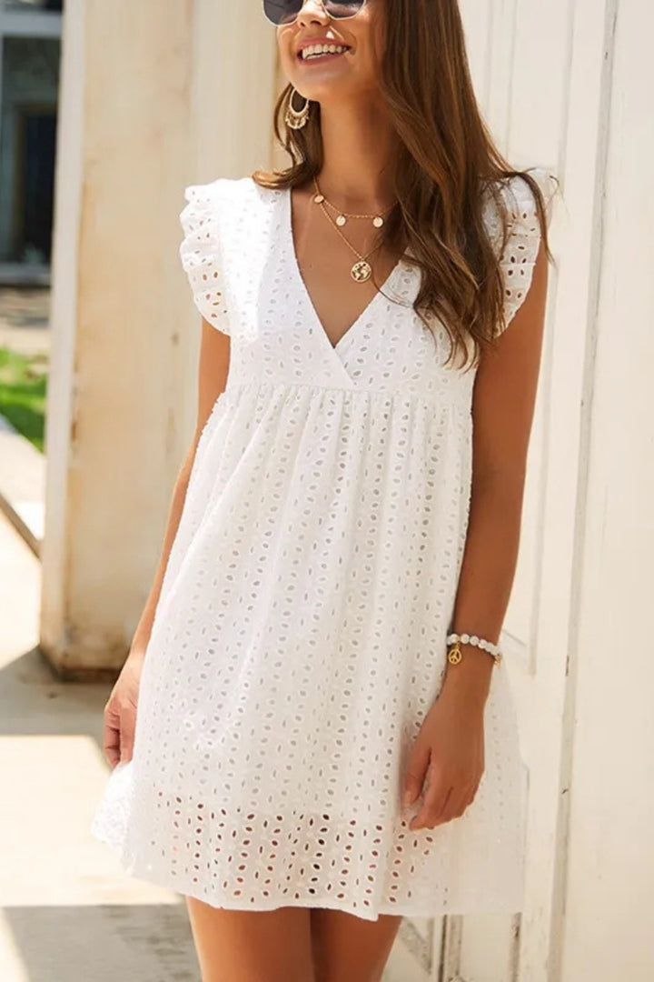 Women's White Dress with V-Neck & Eyelet | Mini