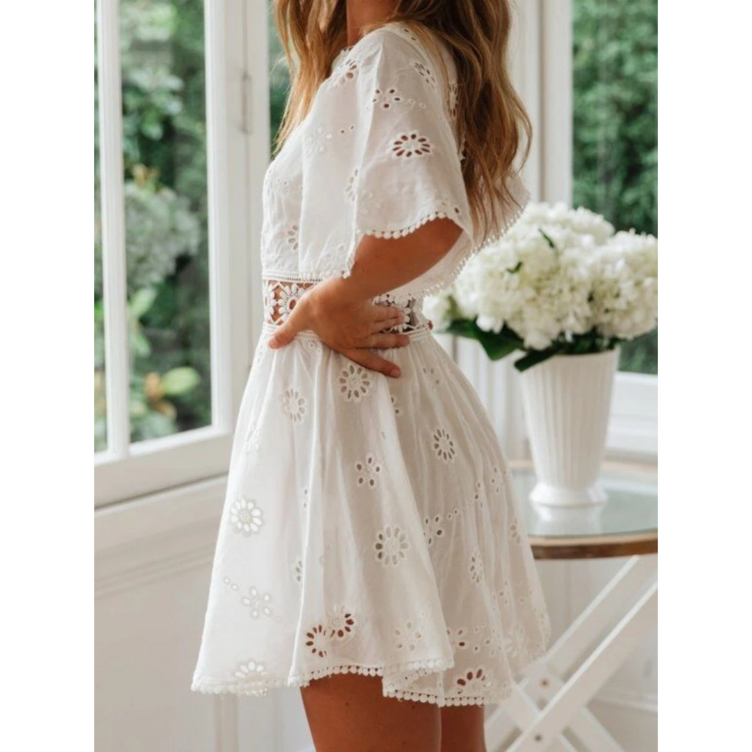 Women's White Mini Dress with Eyelet Cutout | Boho