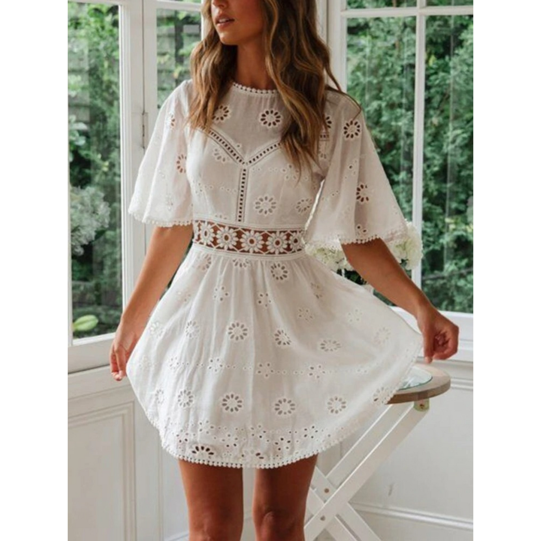 Women's White Mini Dress with Eyelet Cutout | Boho