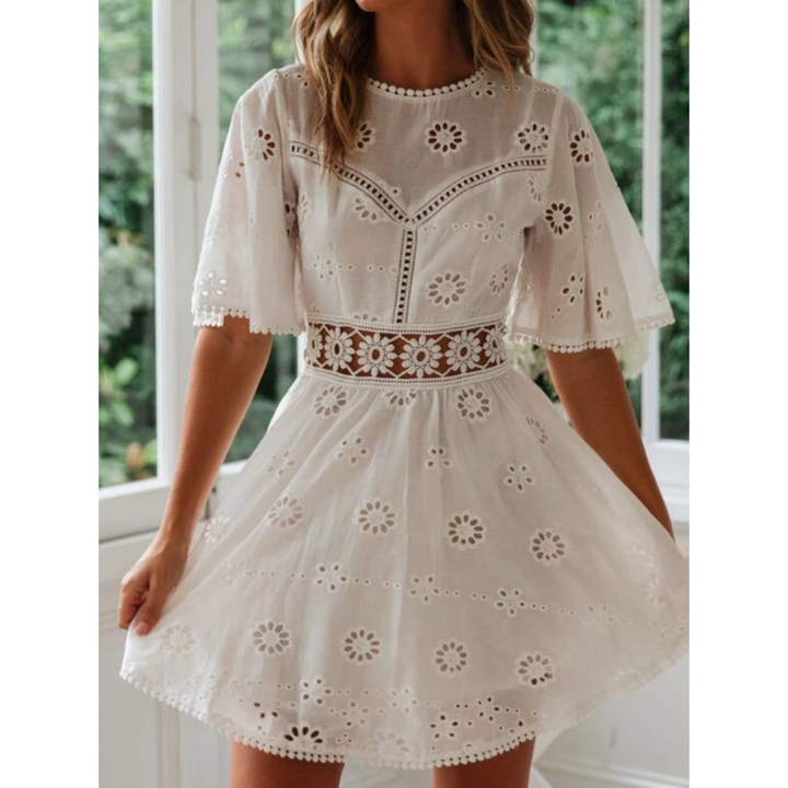 Women's White Mini Dress with Eyelet Cutout | Boho