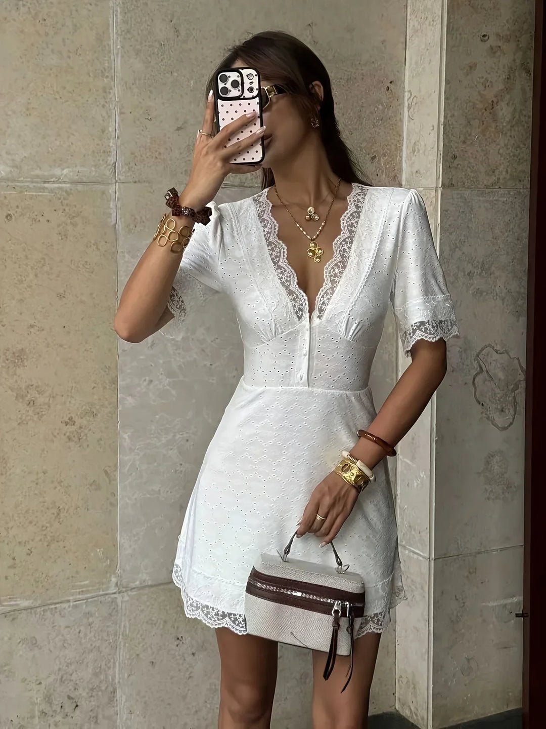 Women's White Mini Dress with V-Neck | Eyelet